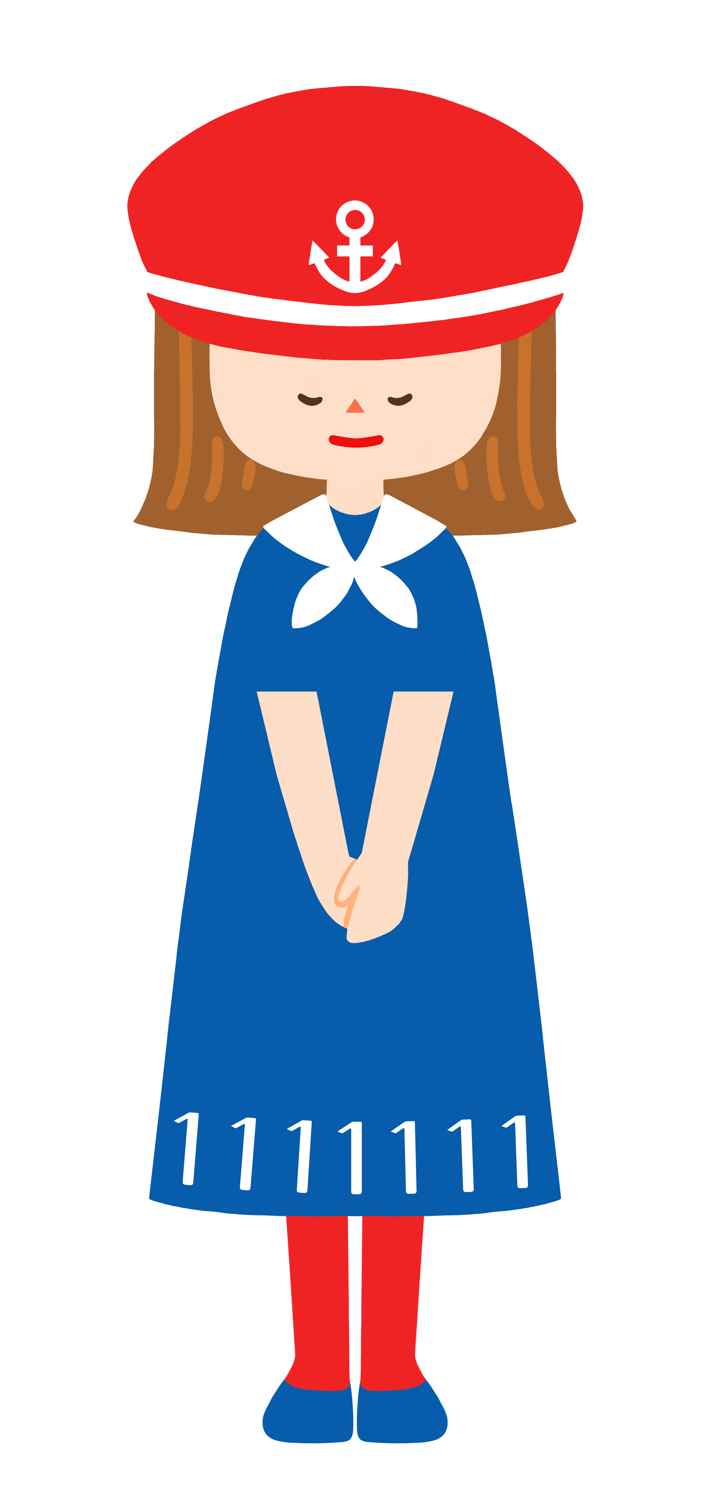 青い服と赤い帽子をかぶったマスコットキャラクター「アイちゃん1号」のイラスト。ぺこりとお辞儀をして、申し訳なさそうにしている様子。